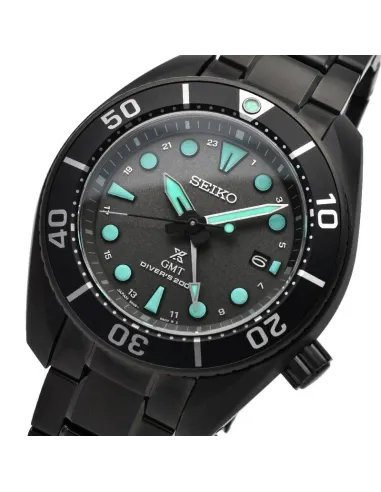reloj hombre buceo solar Seiko Prospex Solar GMT  The Black Series SBPK007 JDM 45mm 200m WR cristal de zafiro