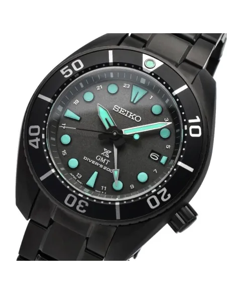 reloj hombre buceo solar Seiko Prospex Solar GMT  The Black Series SBPK007 JDM 45mm 200m WR cristal de zafiro