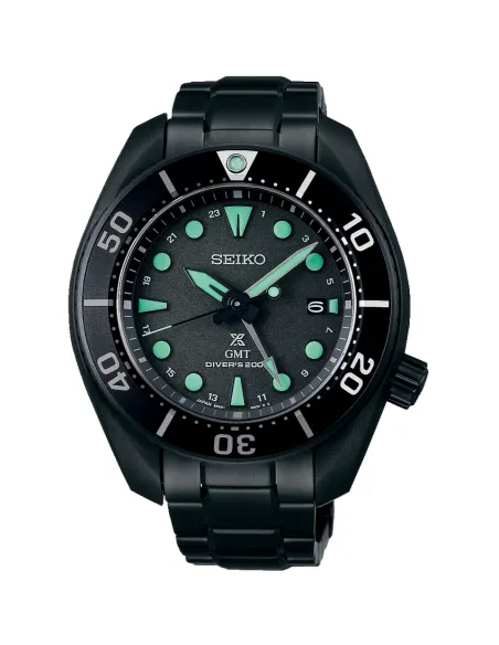 reloj hombre buceo solar Seiko Prospex Solar GMT  The Black Series SBPK007 JDM 45mm 200m WR cristal de zafiro