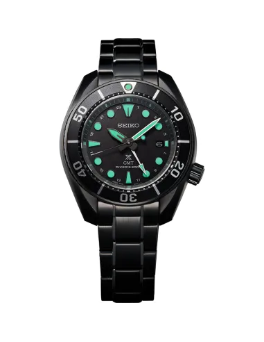 reloj hombre buceo solar Seiko Prospex Solar GMT  The Black Series SBPK007 JDM 45mm 200m WR cristal de zafiro