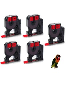 5 x Dymo 18438 compatibles cintas rotuladora S0718520 vinilo negro sobre rojo 12 mm x 9 m