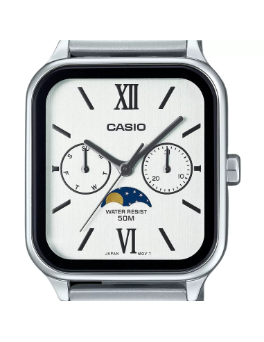 reloj clásico analógico hombre Casio Moonphase MTP-M305D-7A2 44,5 × 34 × 9,3 mm fases lunares 50m WR correa de acero