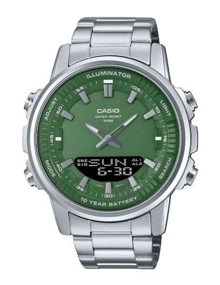reloj hombre Casio AMW-880D-3A 47mm Hora Mundial 50m WR correa de acero 10 años batería