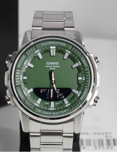 reloj hombre Casio AMW-880D-3A 47mm Hora Mundial 50m WR correa de acero 10 años batería
