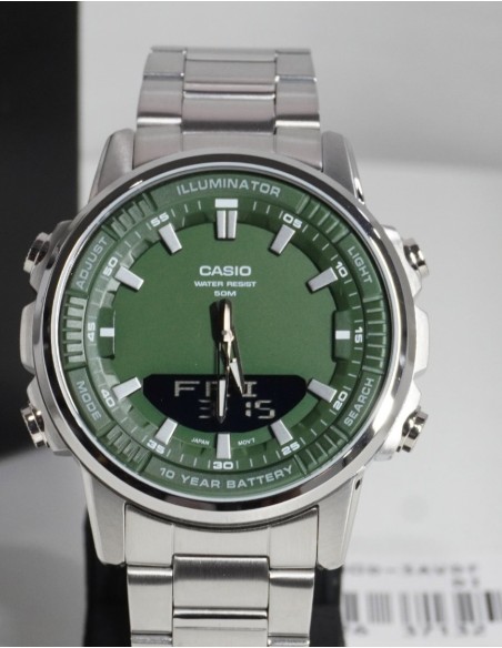 reloj hombre Casio AMW-880D-3A 47mm Hora Mundial 50m WR correa de acero 10 años batería