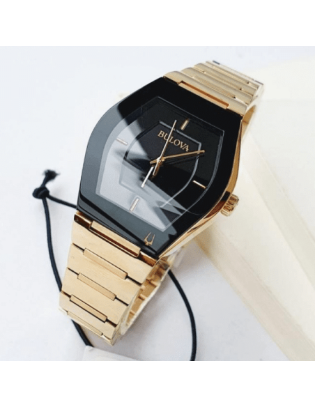reloj hombre Bulova Futuro Gemini 97A164 Cuarzo acero inoxidable PVD Dorado dial negro