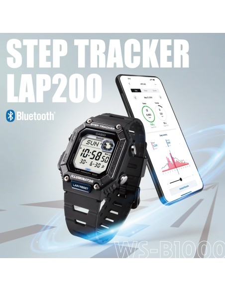 reloj cronómetro deportivo Bluetooth unisex Casio StepTracker WS-B1000-1A 41.3mm Smartlink 100m WR correa de resina