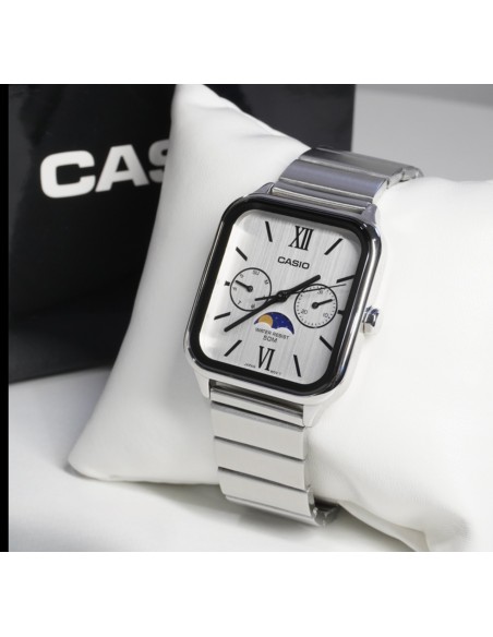 reloj clásico analógico hombre Casio Moonphase MTP-M305D-7A2 44,5 × 34 × 9,3 mm fases lunares 50m WR correa de acero