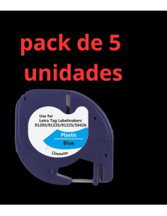 5 Compatibles Dymo LetraTag 91205 S0721650 Cinta de Etiquetas para Rotuladora - Texto negro sobre fondo azul -