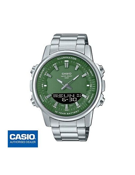 reloj hombre Casio AMW-880D-3A 47mm Hora Mundial 50m WR correa de acero 10 años batería
