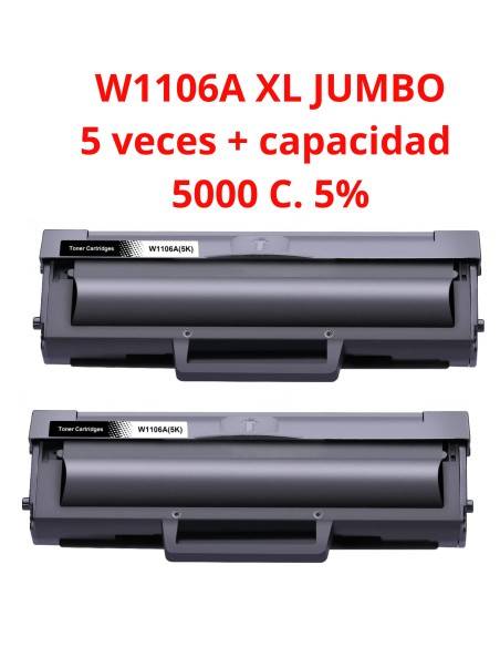 2 toner Compatibles HP W1106A XL / 106A - CON CHIP -(Alta Capacidad) HP Laser 107a, 107w / MFP 135a, 135w, 137fnw 5000c. 5%