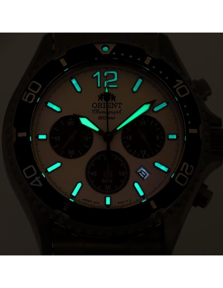 Orient Kamasu Panda Solar RA-TX0203S Chronograph 42.8mm 200m WR Solar Powered sapphire crystal stainless steel bracelet divers m