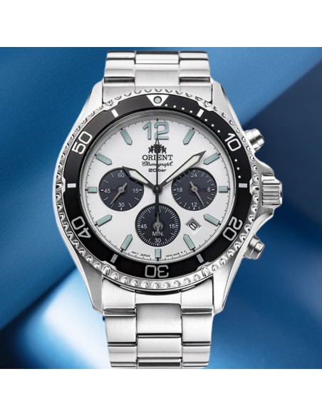 Orient Kamasu Panda Solar RA-TX0203S Chronograph 42.8mm 200m WR Solar Powered sapphire crystal stainless steel bracelet divers m