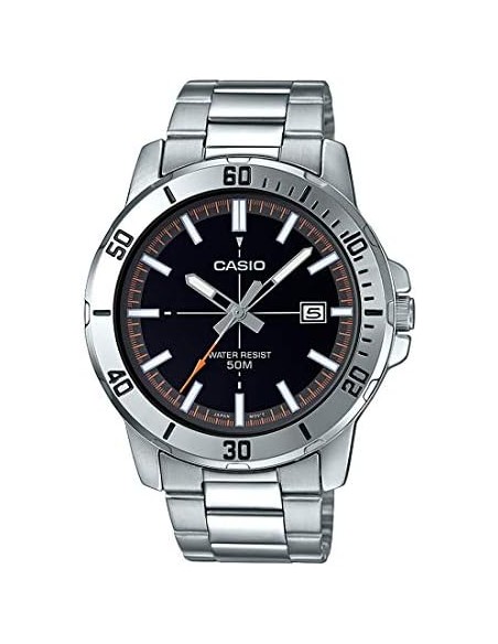 reloj deportivo hombre Casio MTP-VD01D-1E2 dial negro 45mm correa de acero hebilla triple pliegue resistencia al agua 50m