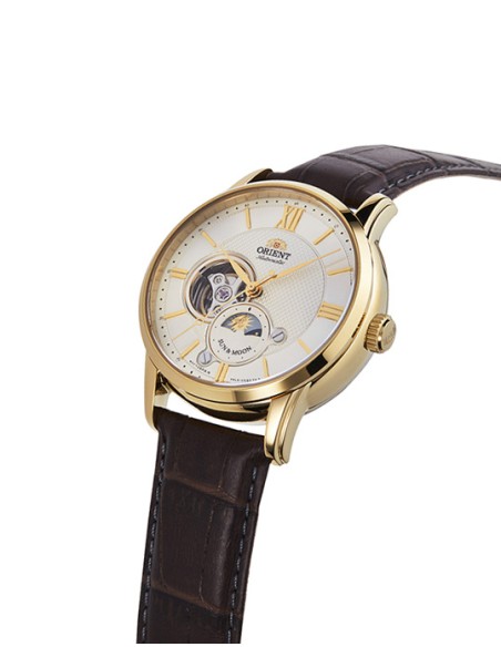 reloj automático hombre Orient Sun Moon RA-AS0010S 42mm cristal de zafiro 50m WR correa de cuero