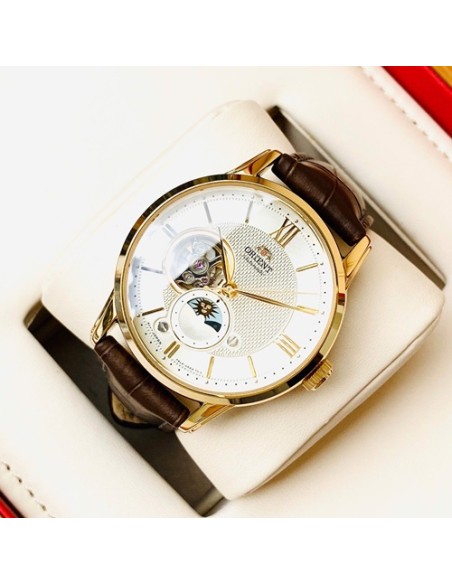 reloj automático hombre Orient Sun Moon RA-AS0010S 42mm cristal de zafiro 50m WR correa de cuero