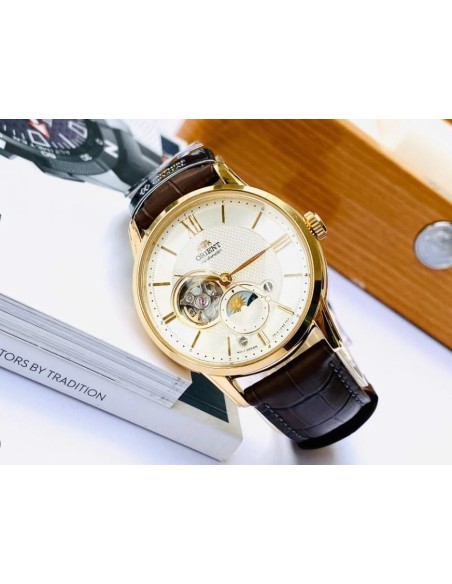 reloj automático hombre Orient Sun Moon RA-AS0010S 42mm cristal de zafiro 50m WR correa de cuero