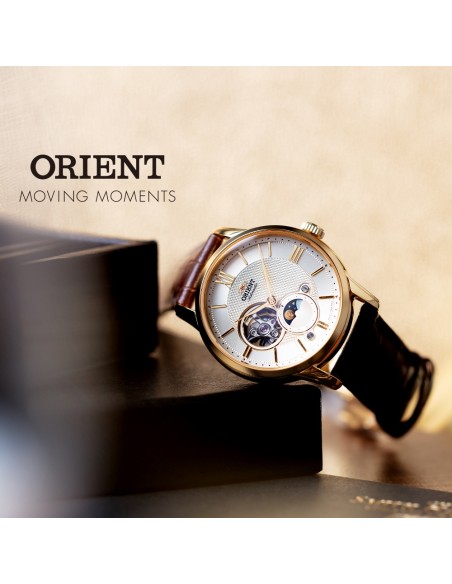 reloj automático hombre Orient Sun Moon RA-AS0010S 42mm cristal de zafiro 50m WR correa de cuero