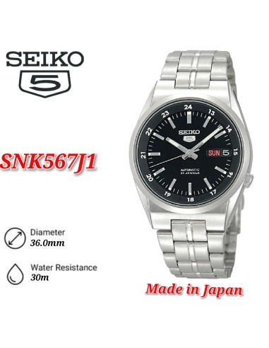 Reloj automático hombre Seiko 5 SNK567J1 dial negro 36mm 30m WR correa de acero