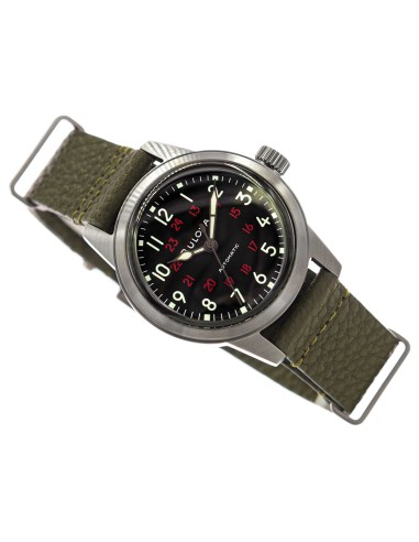 Reloj automático hombre Bulova Hack Military 98A255 38mm dial negro correa de tela 30m WR