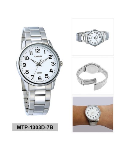 Reloj Casio analogico MTP-1303D-7B dial blanco correa de acero inoxidable 47 mm x 40 mm