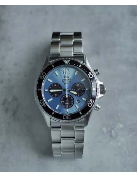 solar Orient Sports Chronograph Ice Blue Panda RA-TX0206L 42.8mm 200m WR cristal de zafiro