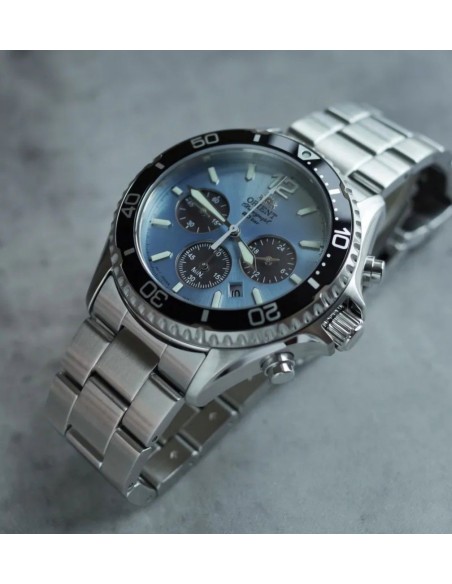 solar Orient Sports Chronograph Ice Blue Panda RA-TX0206L 42.8mm 200m WR cristal de zafiro