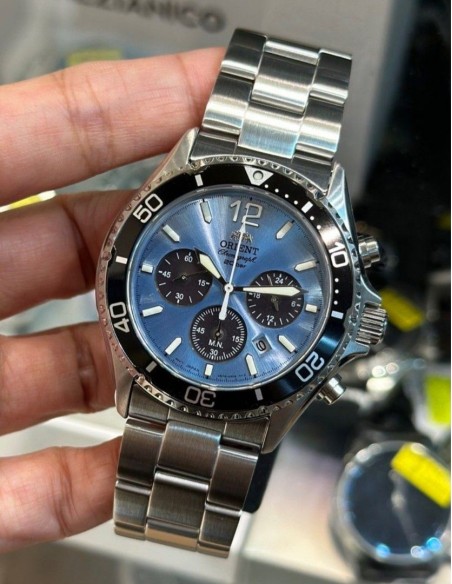 solar Orient Sports Chronograph Ice Blue Panda RA-TX0206L 42.8mm 200m WR cristal de zafiro