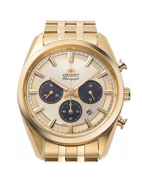cronógrafo solar hombre Orient Gold Panda RA-TX0301G 40mm  50m WR cristal de zafiro correa de acero
