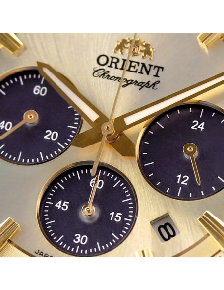cronógrafo solar hombre Orient Gold Panda RA-TX0301G 40mm  50m WR cristal de zafiro correa de acero