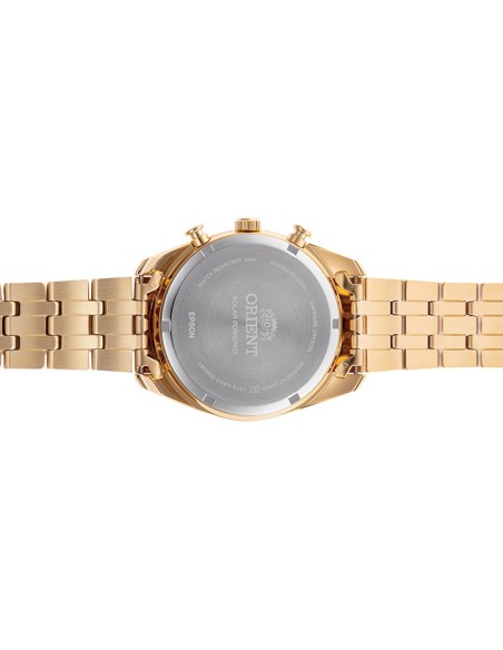 cronógrafo solar hombre Orient Gold Panda RA-TX0301G 40mm  50m WR cristal de zafiro correa de acero