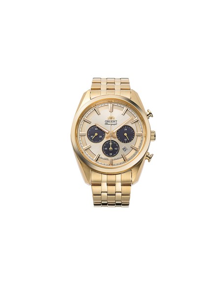 cronógrafo solar hombre Orient Gold Panda RA-TX0301G 40mm  50m WR cristal de zafiro correa de acero