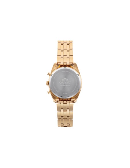 cronógrafo solar hombre Orient Gold Panda RA-TX0301G 40mm  50m WR cristal de zafiro correa de acero
