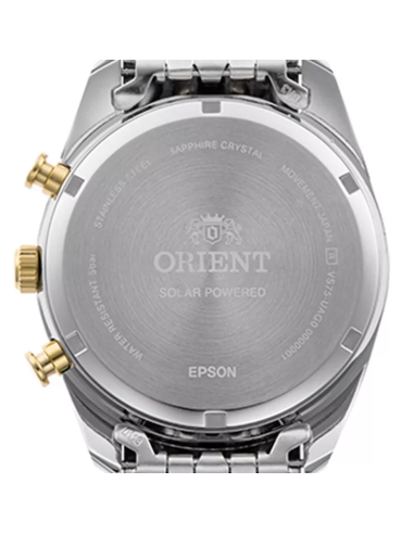 Reloj cronógrafo solar hombre Orient Silver Panda RA-TX0302S  40mm  50m WR cristal de zafiro correa de acero