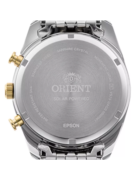 Reloj cronógrafo solar hombre Orient Silver Panda RA-TX0302S  40mm  50m WR cristal de zafiro correa de acero