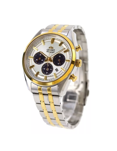 cronógrafo solar hombre Orient Silver Panda RA-TX0302S  40mm  50m WR cristal de zafiro correa de acero