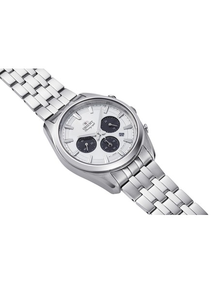 cronógrafo solar hombre Orient Panda RA-TX0305S 40mm  50m WR cristal de zafiro correa de acero