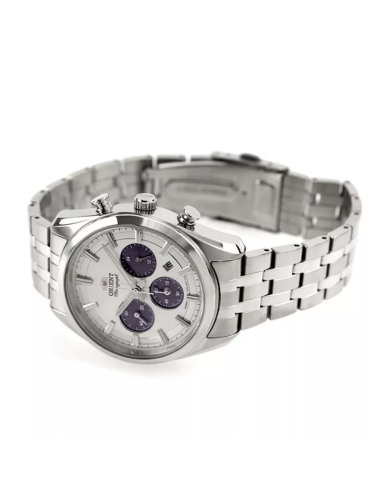 cronógrafo solar hombre Orient Panda RA-TX0305S 40mm  50m WR cristal de zafiro correa de acero