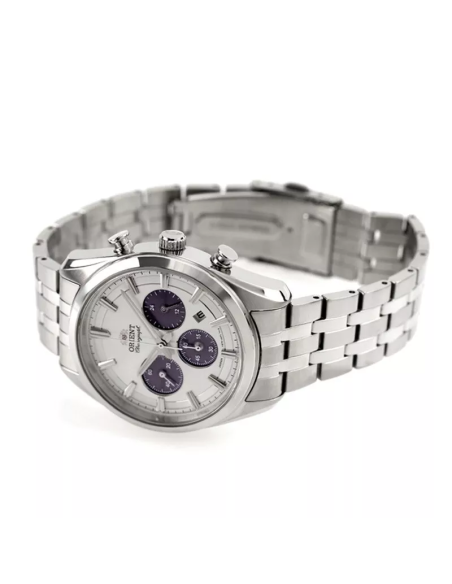 cronógrafo solar hombre Orient Panda RA-TX0305S 40mm  50m WR cristal de zafiro correa de acero