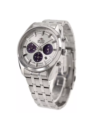 cronógrafo solar hombre Orient Panda RA-TX0305S 40mm  50m WR cristal de zafiro correa de acero