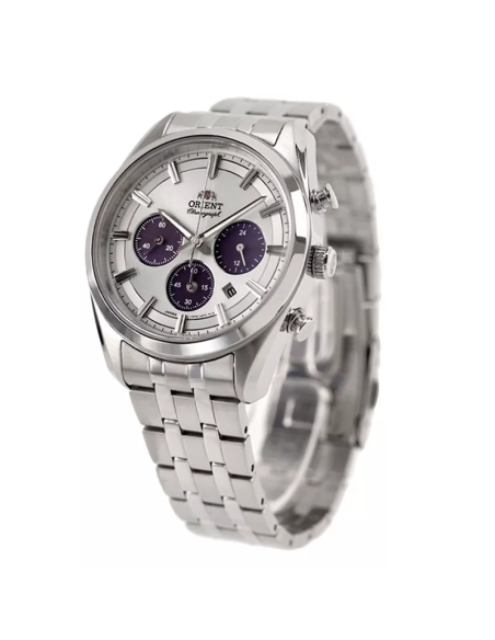 cronógrafo solar hombre Orient Panda RA-TX0305S 40mm  50m WR cristal de zafiro correa de acero