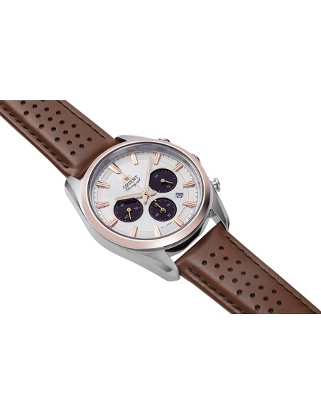 reloj cronógrafo solar hombre Orient Panda RA-TX0306S 40mm  50m WR cristal de zafiro correa de cuero