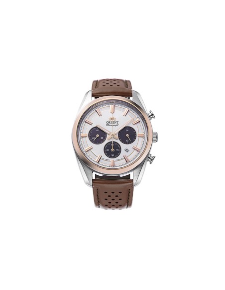 reloj cronógrafo solar hombre Orient Panda RA-TX0306S 40mm  50m WR cristal de zafiro correa de cuero