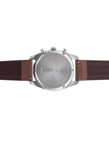 reloj cronógrafo solar hombre Orient Panda RA-TX0306S 40mm  50m WR cristal de zafiro correa de cuero
