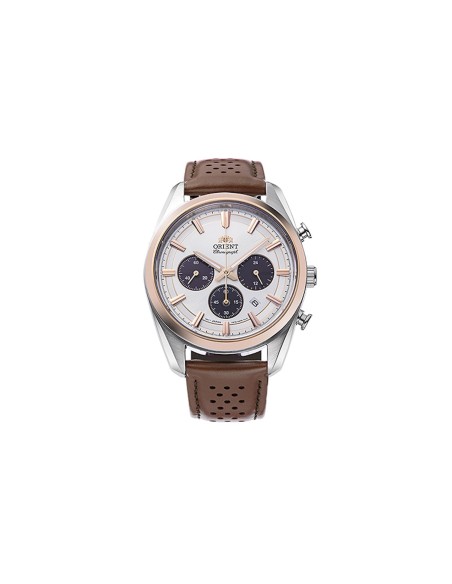 reloj cronógrafo solar hombre Orient Panda RA-TX0306S 40mm  50m WR cristal de zafiro correa de cuero