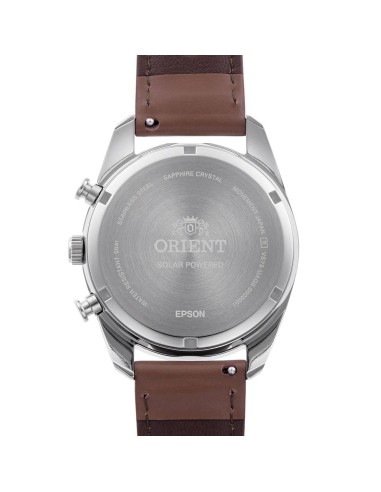 reloj cronógrafo solar hombre Orient Panda RA-TX0306S 40mm  50m WR cristal de zafiro correa de cuero