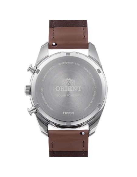 reloj cronógrafo solar hombre Orient Panda RA-TX0306S 40mm  50m WR cristal de zafiro correa de cuero