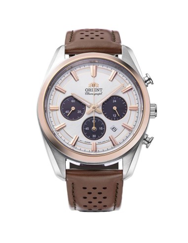 reloj cronógrafo solar hombre Orient Panda RA-TX0306S 40mm  50m WR cristal de zafiro correa de cuero