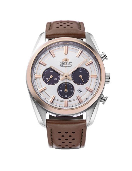 reloj cronógrafo solar hombre Orient Panda RA-TX0306S 40mm  50m WR cristal de zafiro correa de cuero