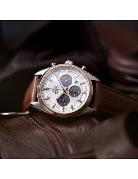 reloj cronógrafo solar hombre Orient Panda RA-TX0306S 40mm  50m WR cristal de zafiro correa de cuero